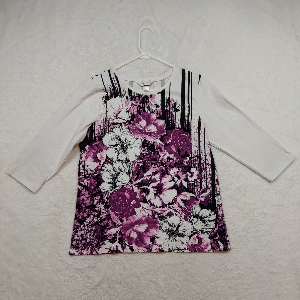 Christopher & Banks White Purple Black Floral Rhinestone 3/4 Sleeve Top Size M